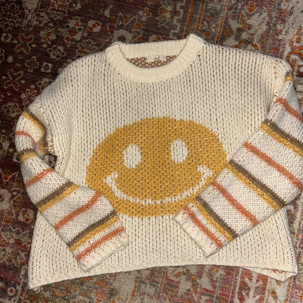 easel Cream Knit Sweater with Mustard Smiley and Striped Sleeves